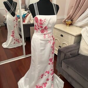 White Satin Dress with Pink Floral Embroidery